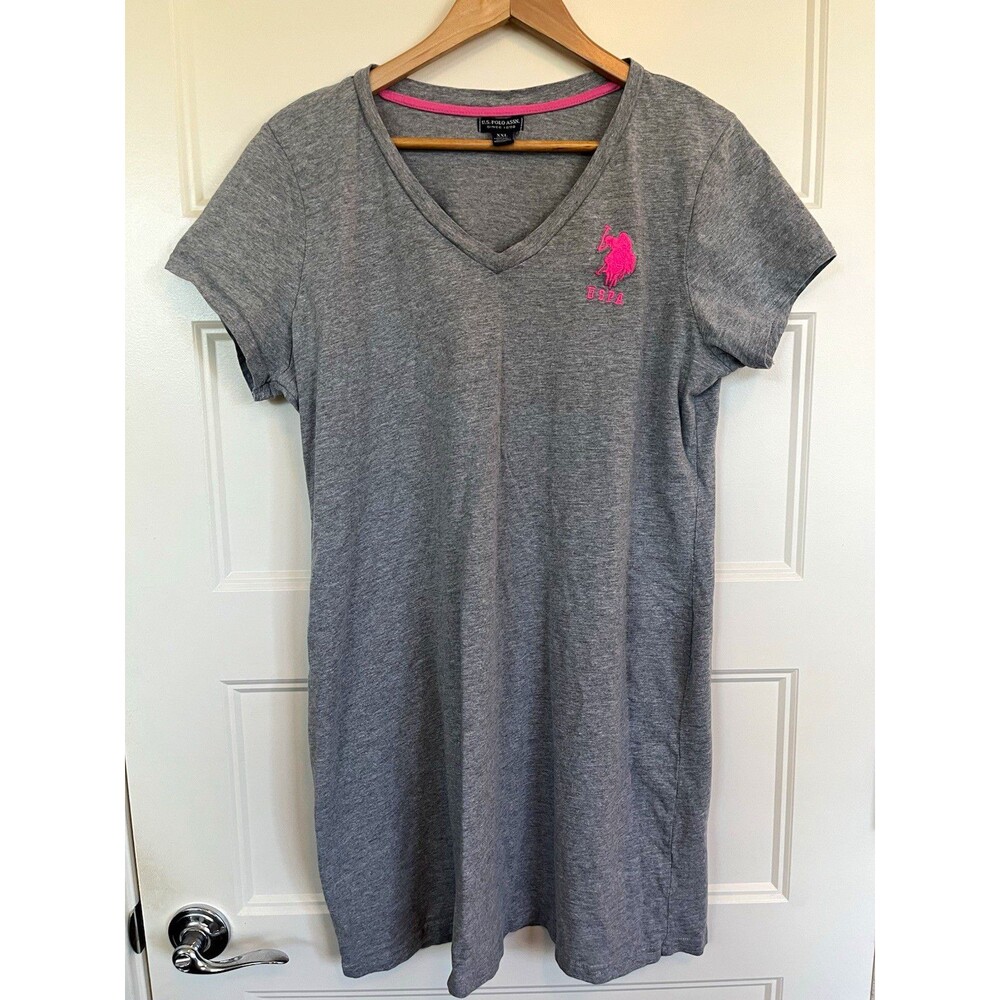 US Polo Assn Women XXL Gray V-Neck T-Shirt Sneaker Dress Pink Pony Logo